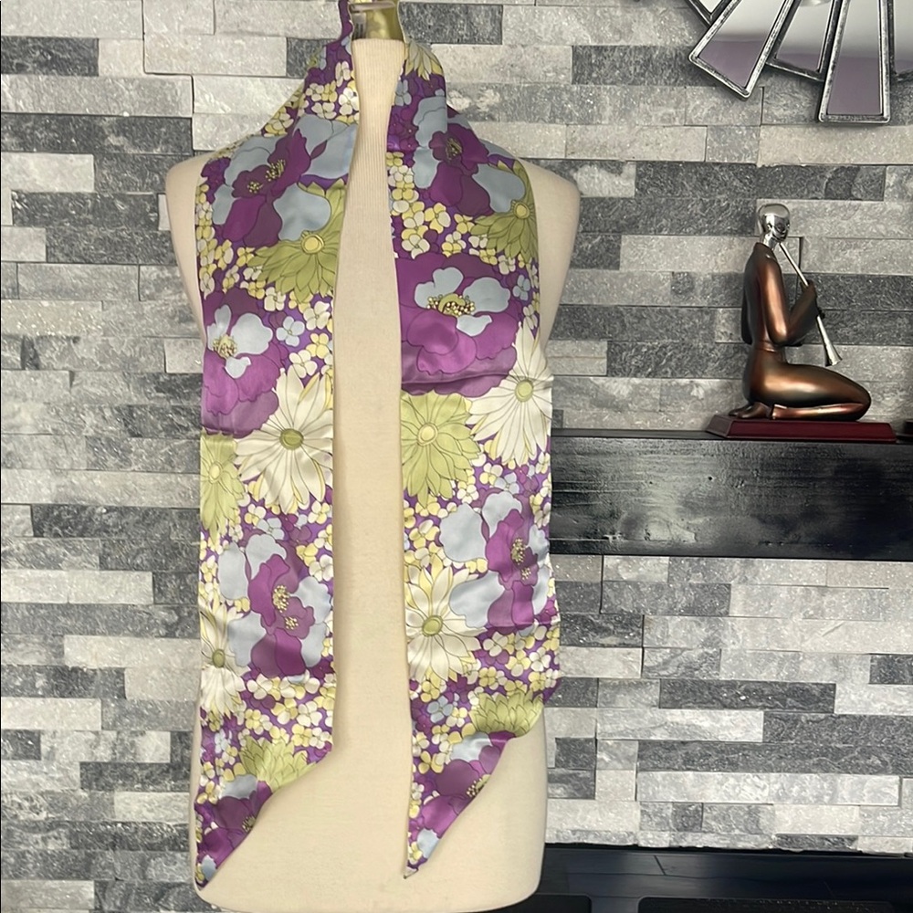 Talbots abstract mod floral scarf 100% Silk purple lime yellow